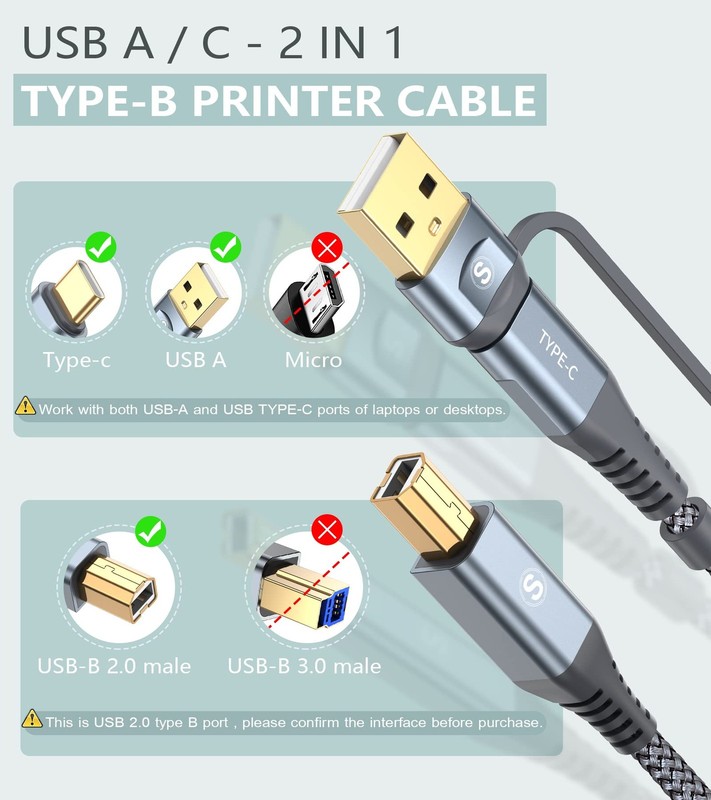 Printer Cable 2-in-1 USB-A/C to USB-B Cable 10FT, USB C MIDI Cable Braided Hi... gallery