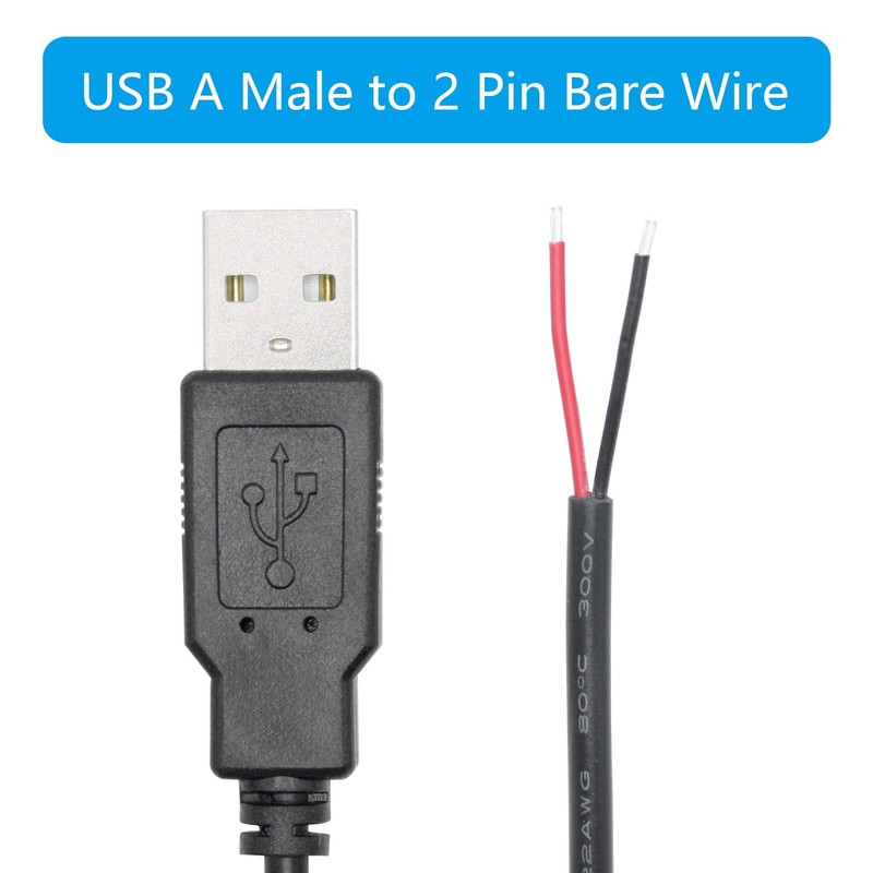 2 PCS 3 FT USB A Male 2-Pin Bare Wire Pigtail Open End Power Cable 5V/3A gallery