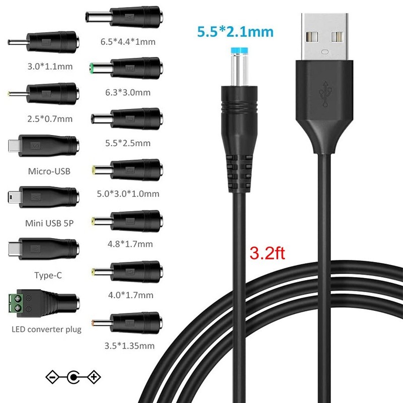 5V Universal DC Power Cable, USB to DC Charging Cord with 13Pcs Adapter Plugs fo