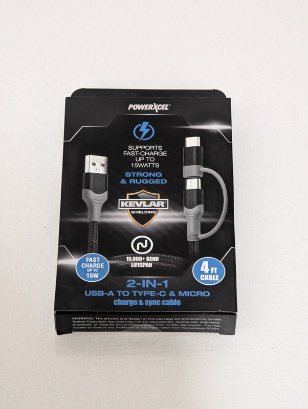 POWERXCEL USB-A TO TYPE-C & MICRO CHARGE/SYNC CABLE 4 FOOT BLACK – NEW IN BOX