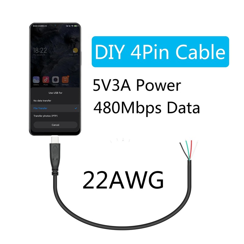 4 PCS 11inch USB C to 4 Pin Bare Wire, 22AWG, 5V/3A, Pigtail Power Data, DIY gallery