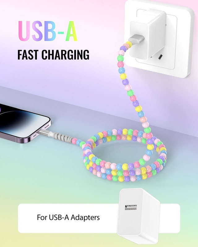 3FT USB A Cable for Apple Charger Cord Short Colorful Beads Cute Beaded for i... gallery