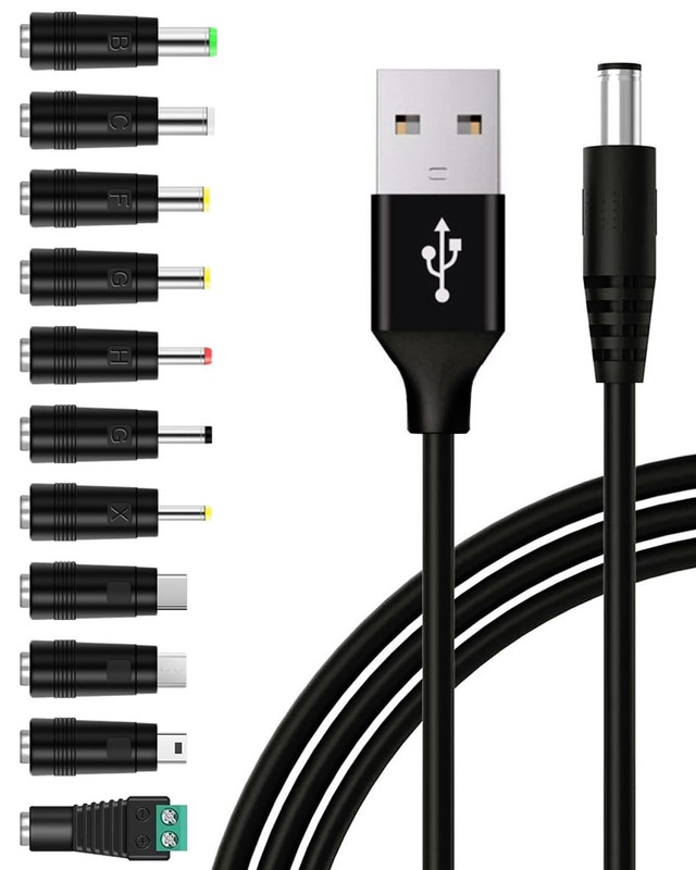 Universal USB To DC 5V Power Cable 5.5×2.1mm Charging Cord With 11 Tips 5FT