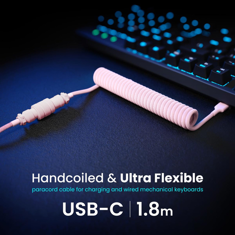 Coiled USB C Cable Pink for Gaming Keyboard and Mechanical Keyboard 1.8M USB A gallery