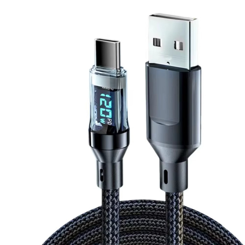120W USB A to Type C Fast Charging Cable LED Display Data Sync Cord Braided 6A
