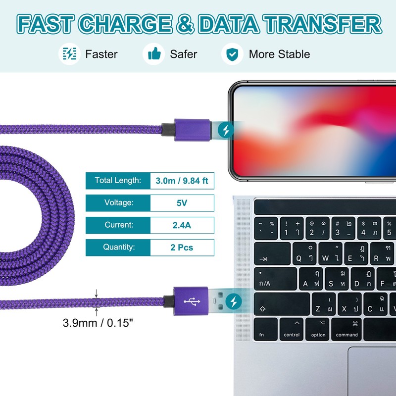 9.84ft USB Type C Charger Cable 2pcs 2.4A Type-C Braided Data Cord Purple gallery