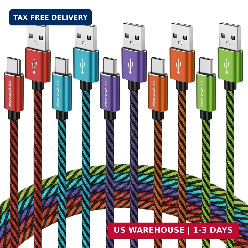 Teyssor USB C Cable 10FT 5-Pack Nylon Braided USB A to Type C Fast Charging Cord