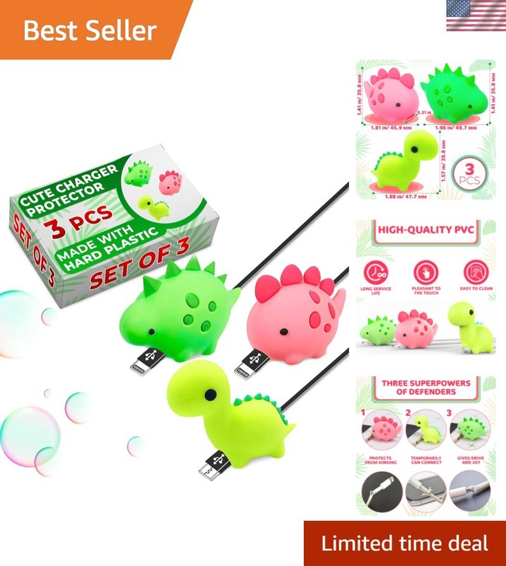 Cute Dinosaur Charger Protectors: 3-Pack Self-Adhesive Cable Accessories