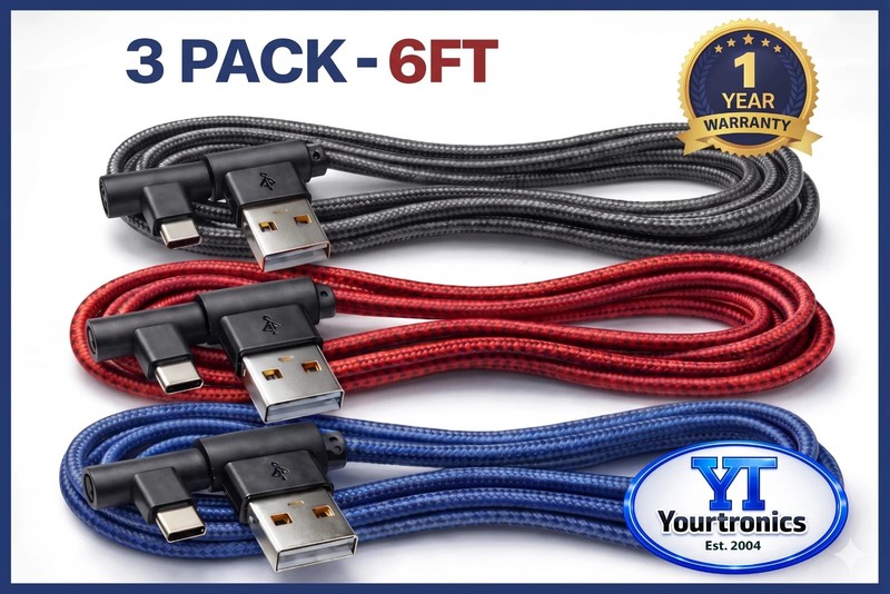 3 PACK 6FT 90 Degree Angle Type C USB-A Fast Charger Cable Quick Charging Cord L