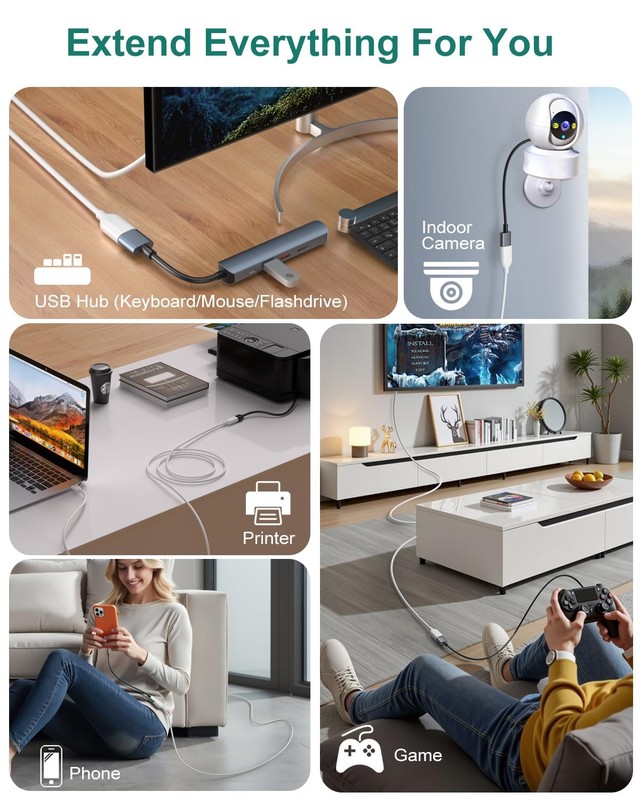 USB Extension Cable 10ft Type A Male to Female USB 2.0 Extender Cord White gallery