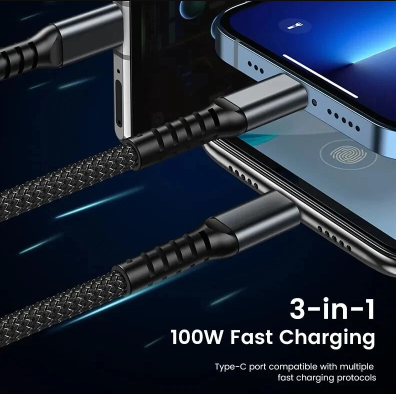 3-in-1 100W 5A Fast Charging USB To Type-C Micro Fast Charger Cable For All 2m gallery