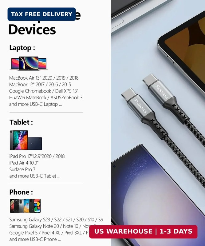 20inch Short USB C to USB C Cable, 3-Pack 1.6FT 65W Charger Cable PD Fast Chargi gallery