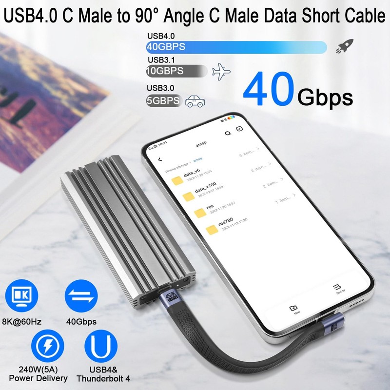 40Gbps USB 4.0 C Male to 90 Angle C Male Data Short Cable 240W 5.1 Inch gallery