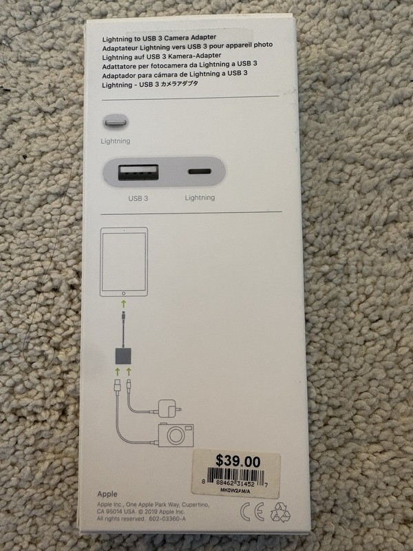 Apple MK0W2AM/A Lightning to USB 3 Camera Adapter, 2-Port, White gallery