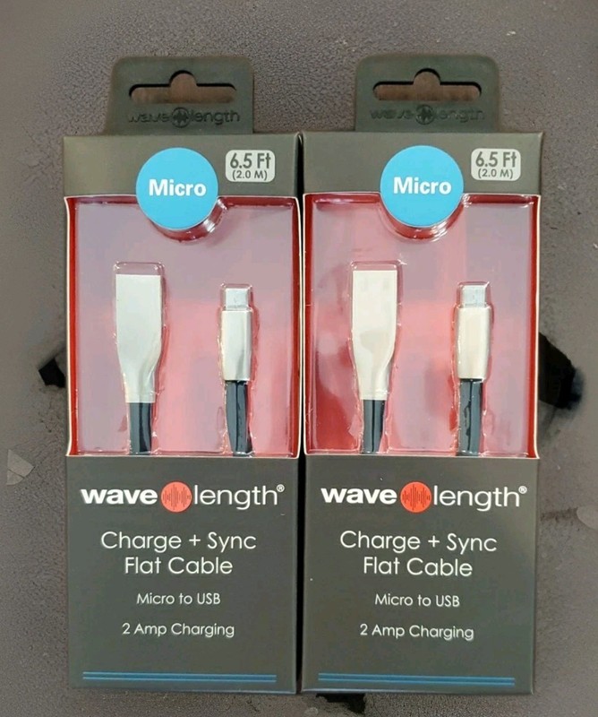 Lot Of 2 Wave Length Micro To USB Charge & Sync Flat Cable 2 Amp Charging 6.5ft gallery