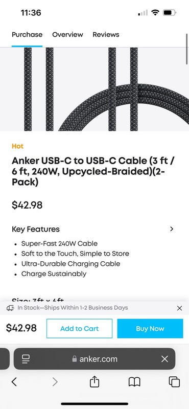 Anker B8753011 6 ft USB C to USB C Cable