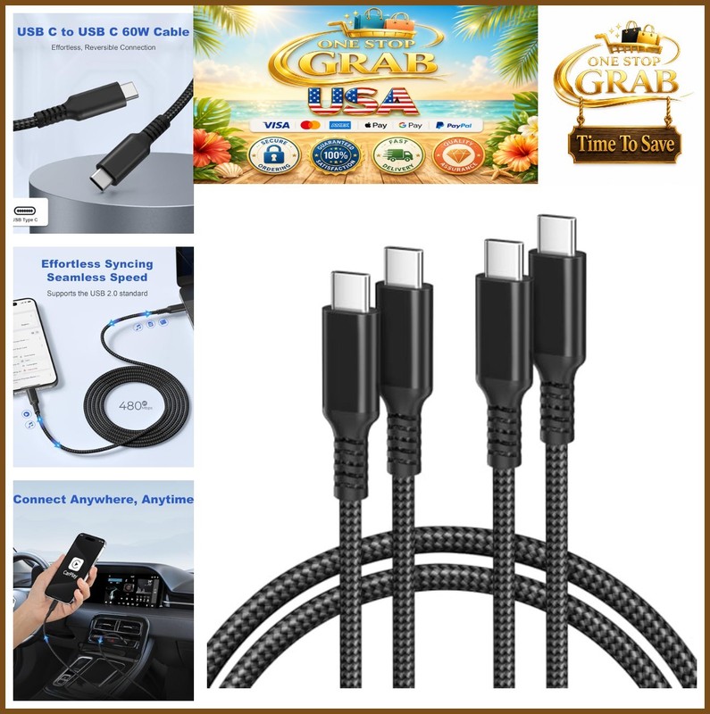 USB C to USB C Cable 60W 10FT 2 Pack Braided Nylon Fast Charging Cord