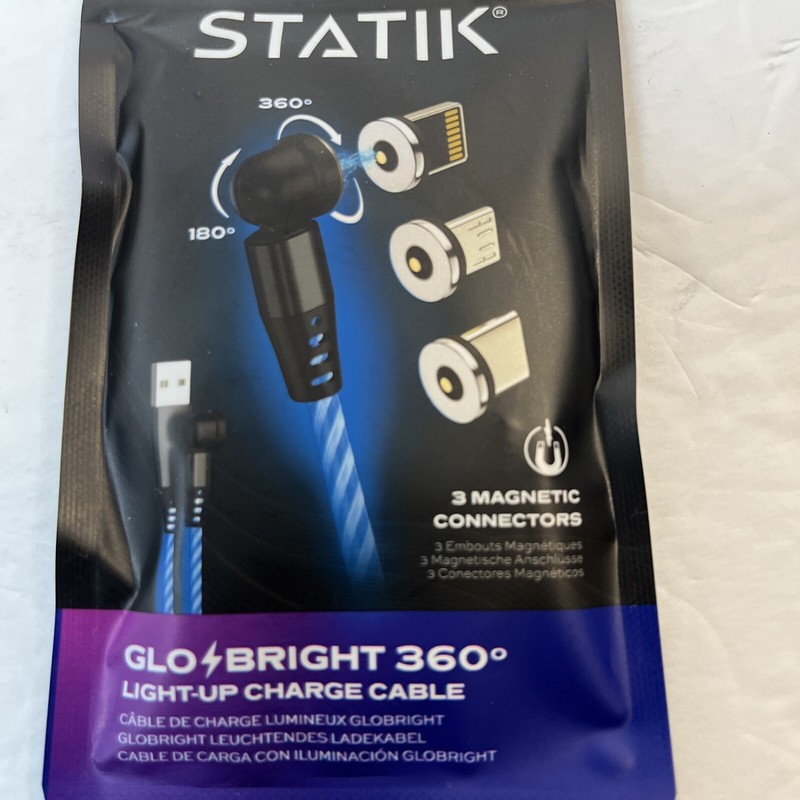 Statik GloBright Light Up Cable 3' Magnetic Connectors 360° Charge Cord Blue NEW gallery