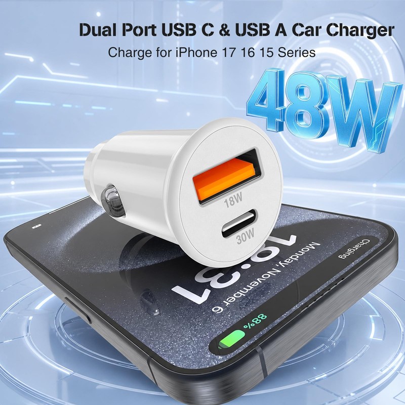 48W USB C Car Charger for iPhone 17 16 15 Pro Max, Dual Port 3ft, White gallery