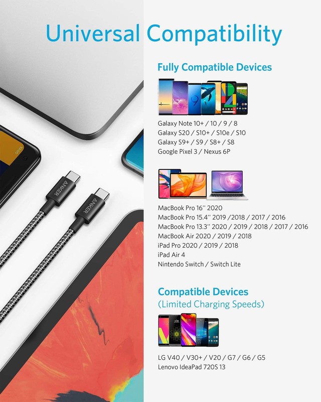 Anker USB C to C Cable, Type-C Charging Cord Fast 10ft, Black gallery