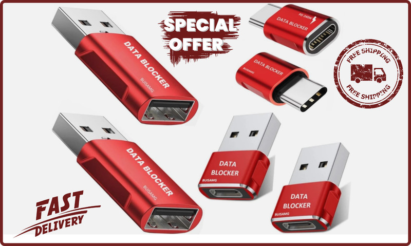 USB A & USB C Data Blocker Only Charging for iPhone 15/16,Anti Juice Jacking Red