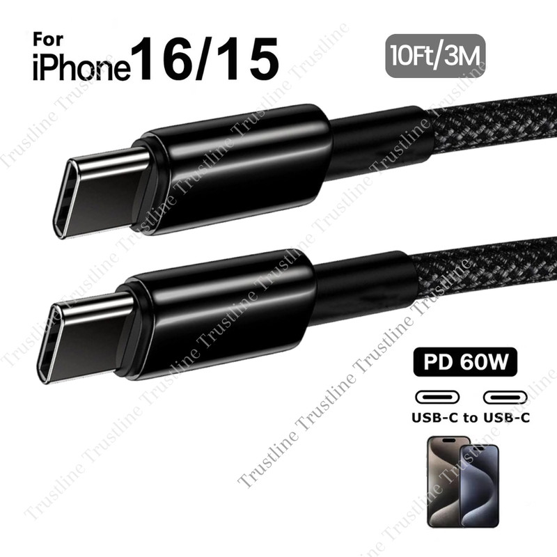 1X 10FT Fast Charger Cable Braided USB-C to USB-C Cord For iPhone 15 Plus 16 Pro