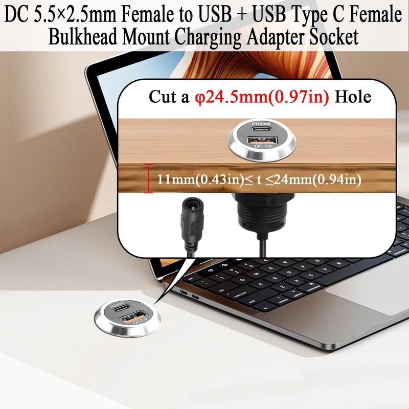 DC 5525 to USB A & USB C Desktop Flush Mount Charging Connector DC 5.5×2.5mm ... gallery