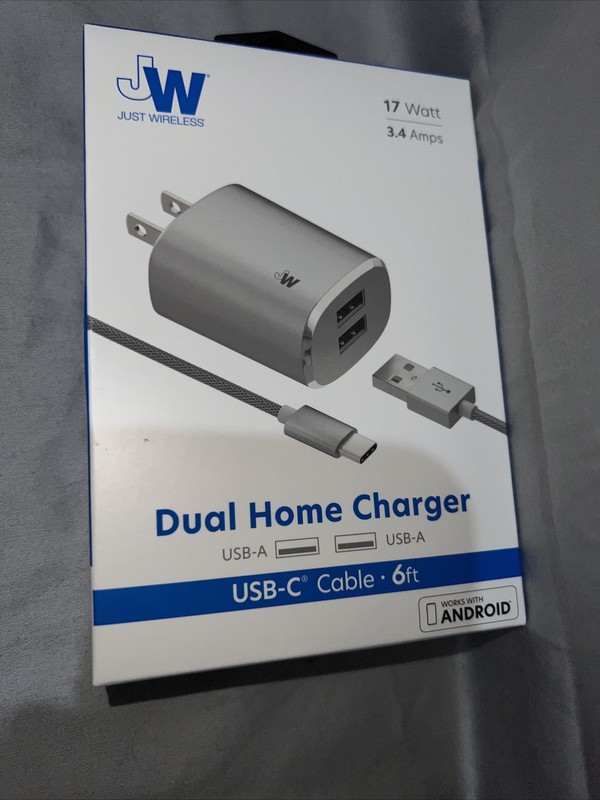 Just Wireless Dual Home Charger USB-C to USB-A Cable 6′ 3.4A/17 Watt