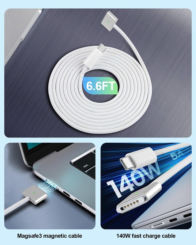 RULGOI 140W USB-C to Magnetic 3 Charging Cable, Compatible with 6.6FT, White gallery