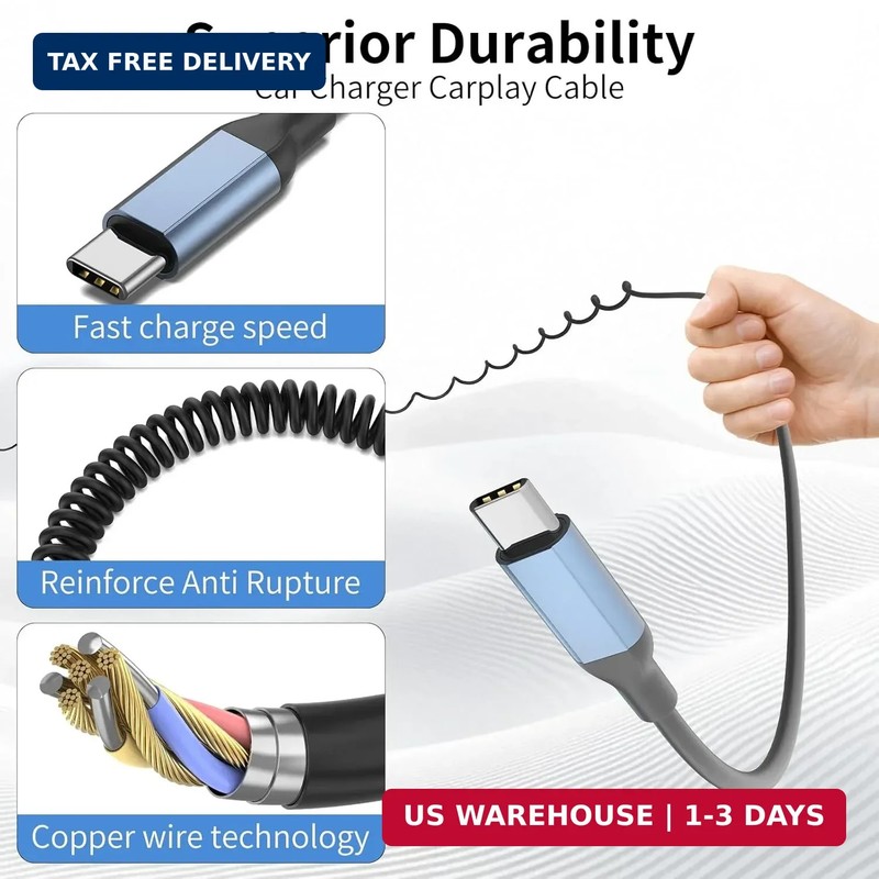 Coiled USB C to USB C Cable, 2Pack Retractable USBC Charger Short Cord for Car, gallery