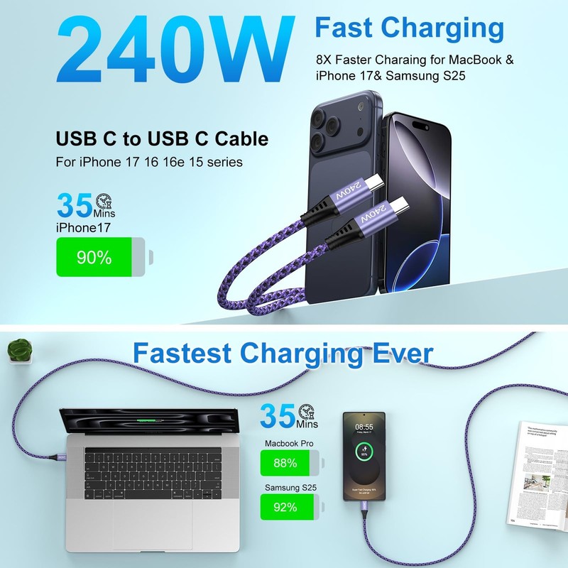USB C to C Cable 240W Samsung Fast Charger 3 ft Car 3 feet, Purple gallery
