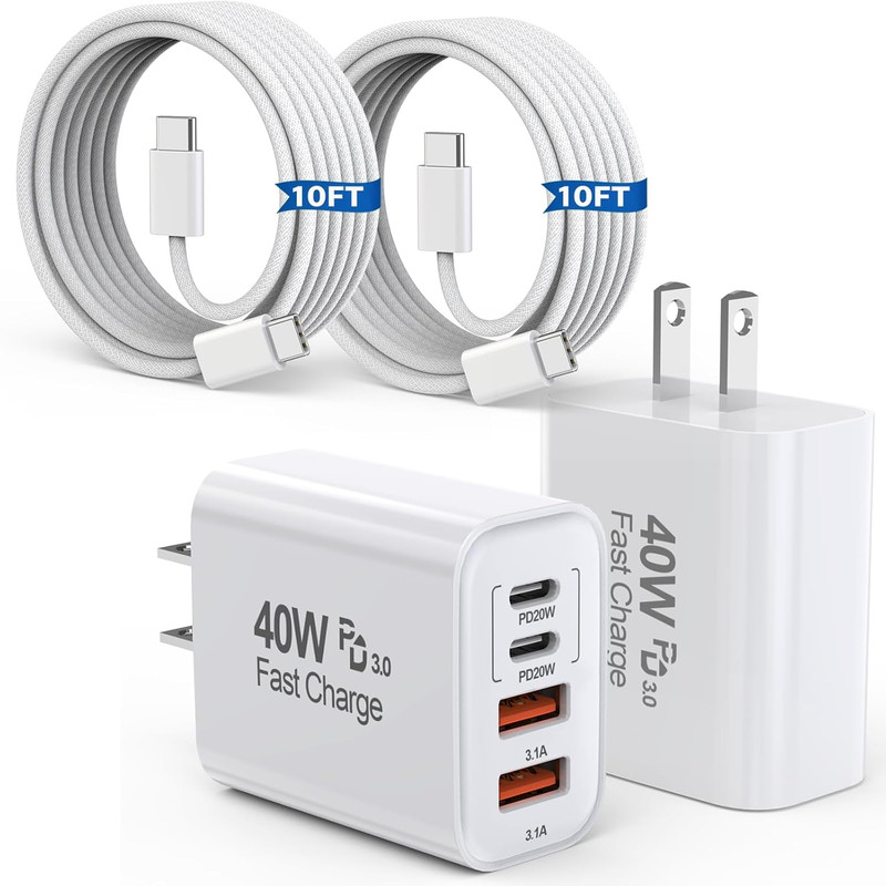 10FT Iphone 17 16 15 Pro Charger,2Pack 10Foot USB C to C Woven Cable Cord 40W US gallery