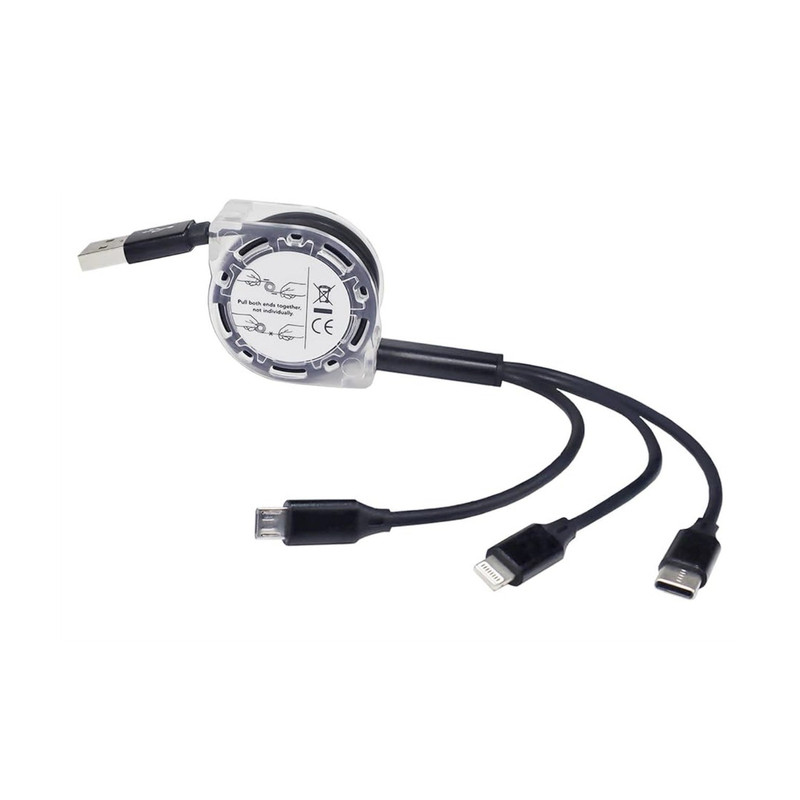 BoxWave 3-in-1 Retractable Charging Cable USB-C Lightnng Micro-USB Black