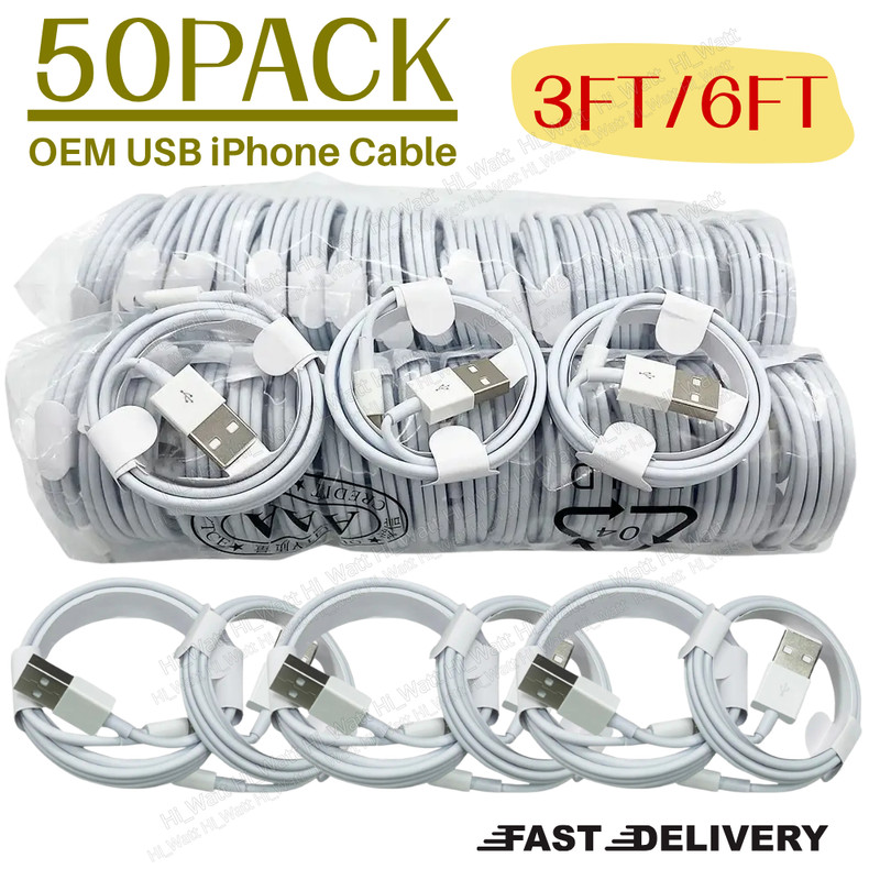 50 Pack USB Fast Charger Cable Lot For iPhone 13 11 8 6 Plus Charging Cord 3/6Ft