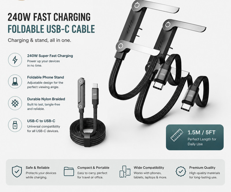 2-in-1 Invisible Holder Charger Cable–240W Fast Charging Cord with Phone Stand