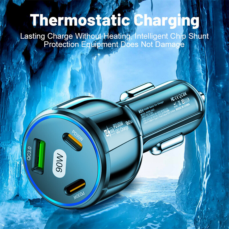 90W LED PD Fast Car Charger 3 Ports Adapter For Samsung iPhone Android Phone gallery