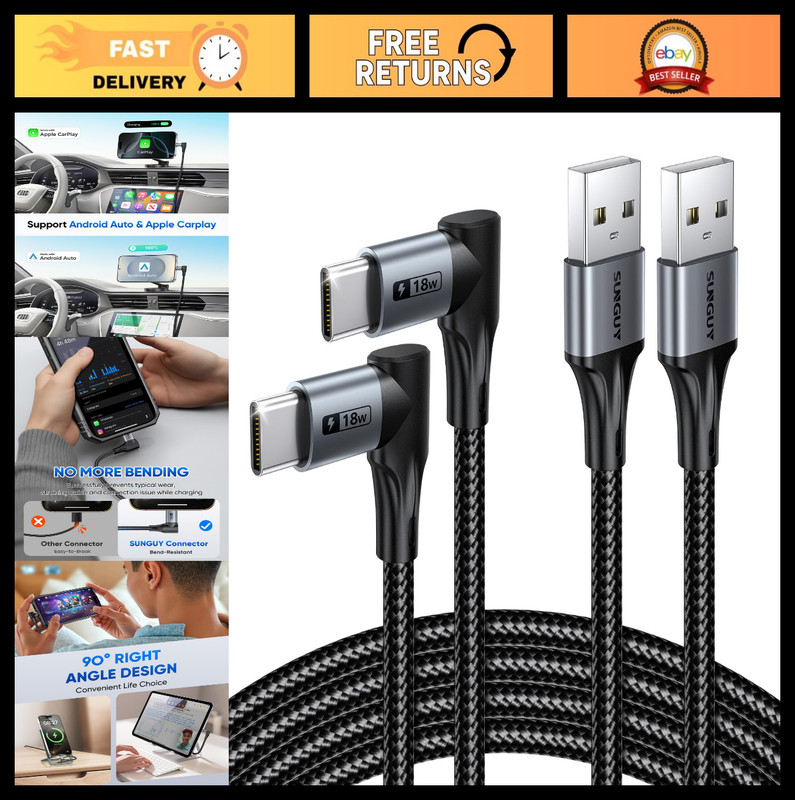 USB to USB C Cable 90 Degree Right Angle 2Pack, 10FT Fast Charging Data Sync Cor