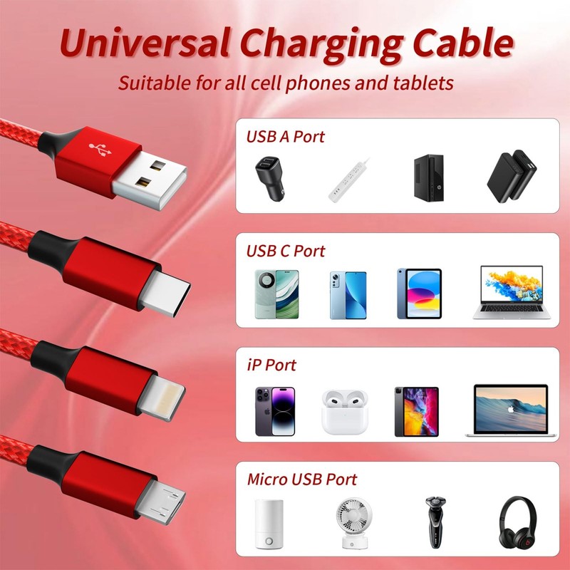 3 in 1 Multi Charging Cable[2 Pack 4FT], Red Braided Nylon USB Cable & Travel... gallery