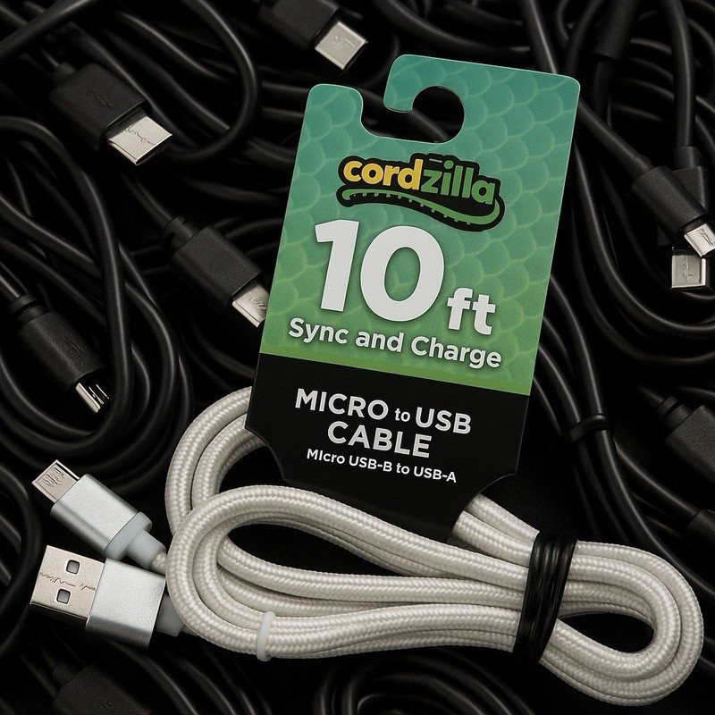 Cordzilla – 10ft – Sync & Charge – Micro To USB – White Braided Nylon Cable