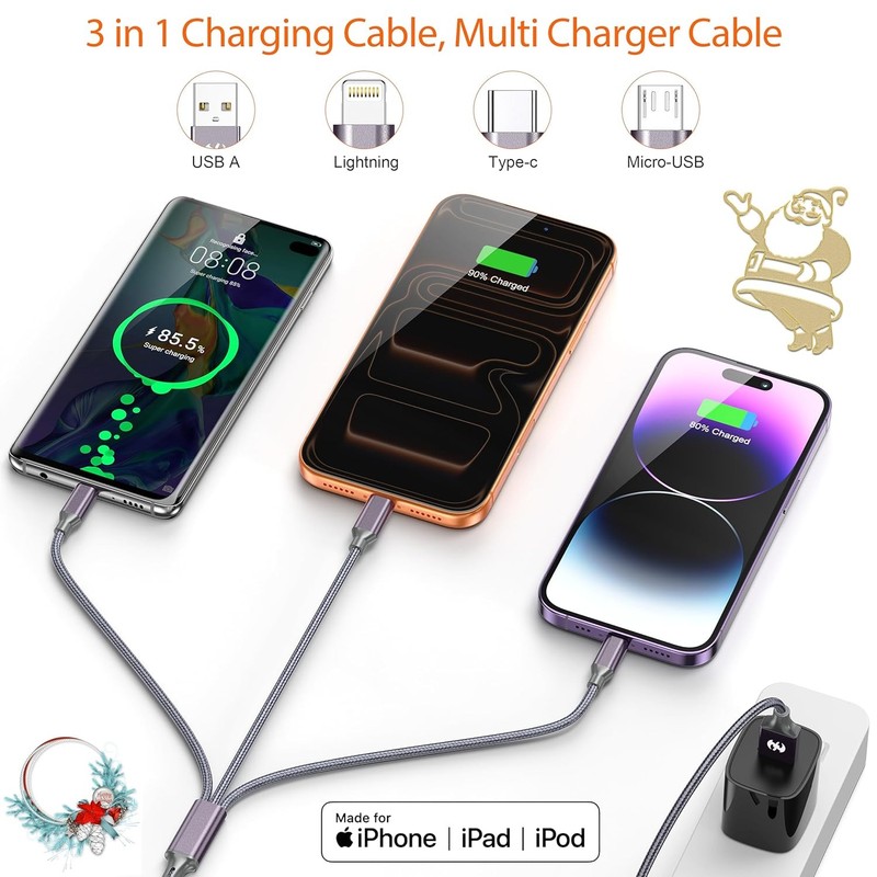 Multi Charging Cable (6ft 2Pack),3 in 1 USB Charging Cable for Multiple Devices, gallery