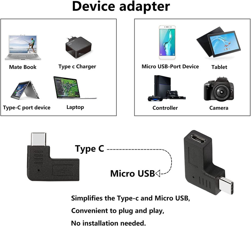 GELRHONR Right Angle USB C to Micro USB Adapter, 90 Degree Type C Male to Micro gallery