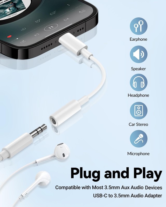 USB C to 3.5mm Headphone Jack Adapter DAC Chip Audio Aux Samsung iPhone 15 16 17 gallery