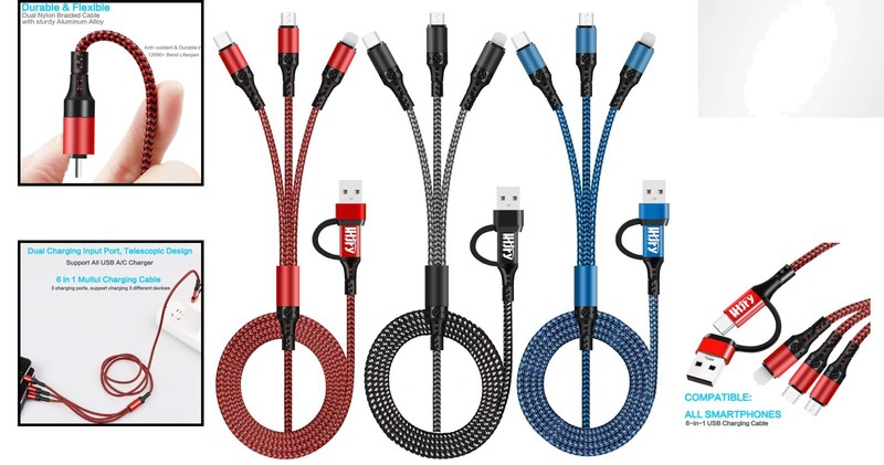 Elegant 6-in-1 USB C Multi Charging Cable Pack [4ft, 3PC] - Travel Essential gallery
