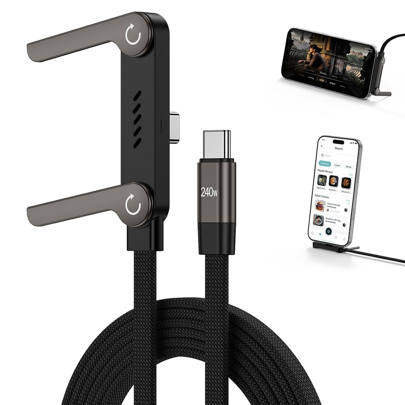 USB C Fast Charging Cable with Built-in Phone Stand 240W Data Transfer 5FT Black