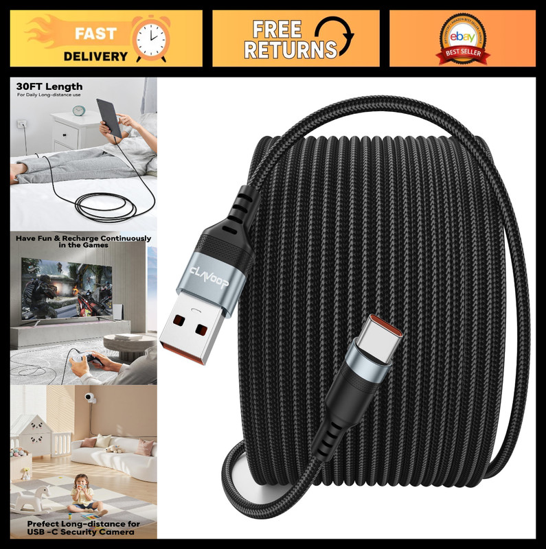 30ft USB A to USB C Charging Cable, 18W Fast Charge, Braided Type C Cord for iPh