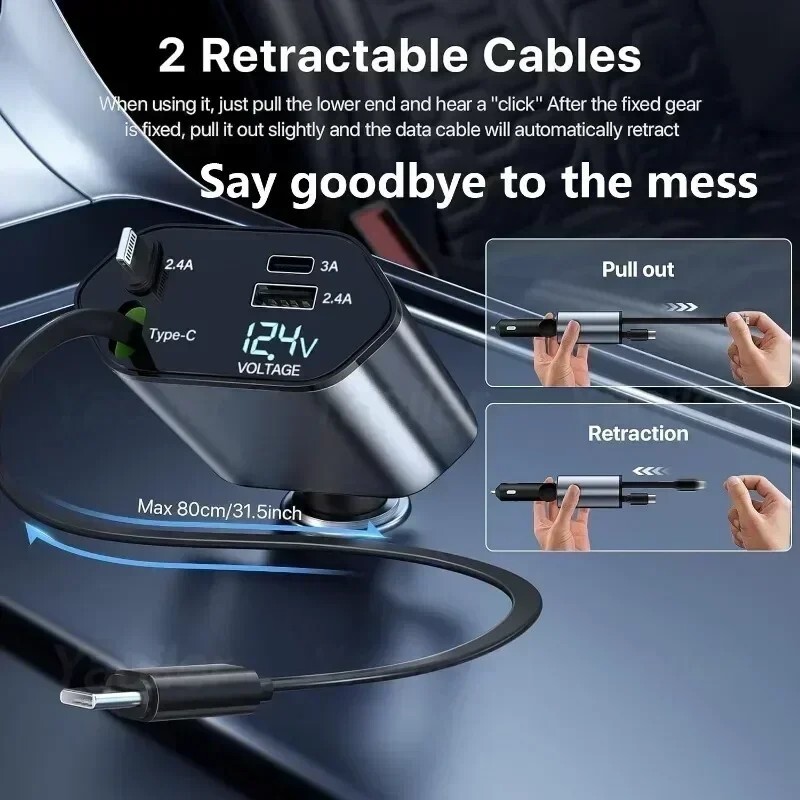 Cargador Tipo C para coche con Múltiples Puertos y Cable de 5 pies Carga Rapida gallery