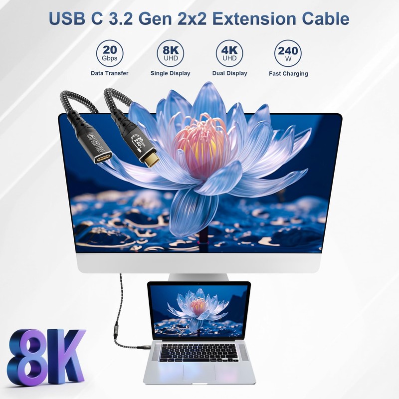 USB C Extension Cable 10FT USB 3.2 20Gbps PD 3.1 240W 8K@30Hz 4K@60Hz gallery