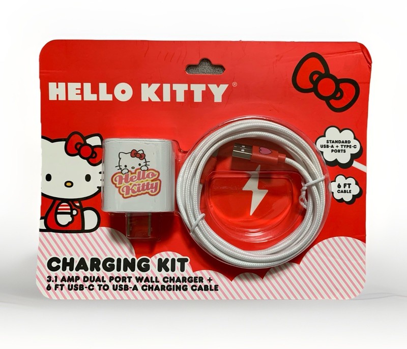 NEW Hello Kitty Charging Kit ~ 3.1 AMP Dual Port Plug + USB-C to USB-A 6ft Cable