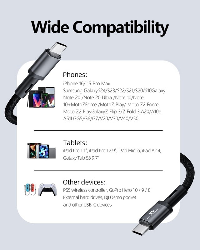 USB C Cable 2FT 60W Fast Charging for iPhone 17/16/15, Samsung S25/S24 gallery