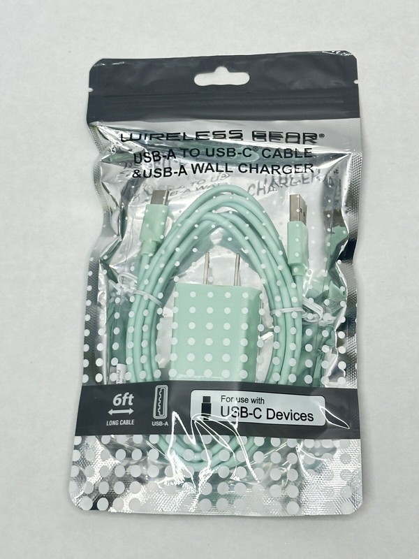 Wireless Gear USB-A to USB-C Cable & USB-A Wall Charger, Green 6Ft Cable